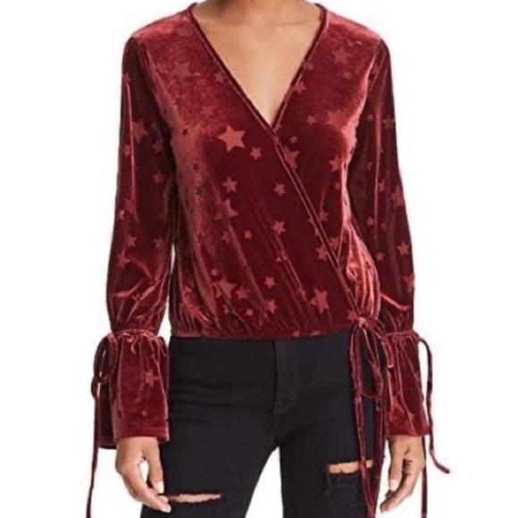 Vintage Havana Tops - Vintage Havana Maroon Velvet Star Burnout Long Bell Sleeve Wrap Blouse Medium